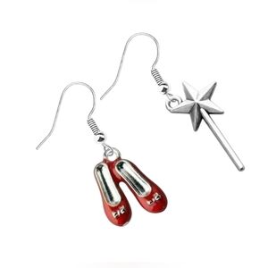 NEW Wizard of Oz Ruby Red Slippers and Glinda's Wand Dangle Earrings